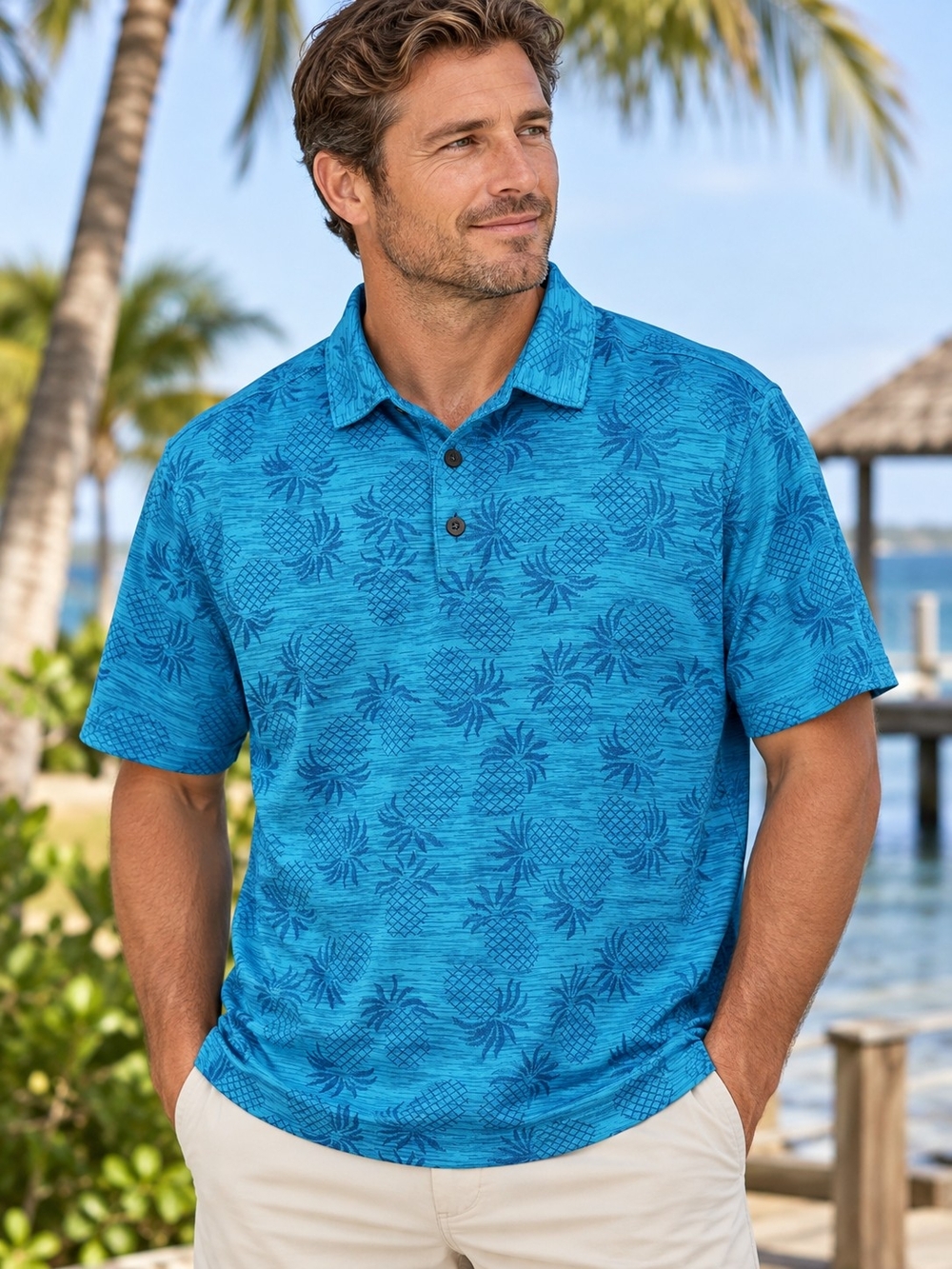 Tommy Bahama IslandZone Pineapple Short Sleeve Performance Polo Shirt Blue M